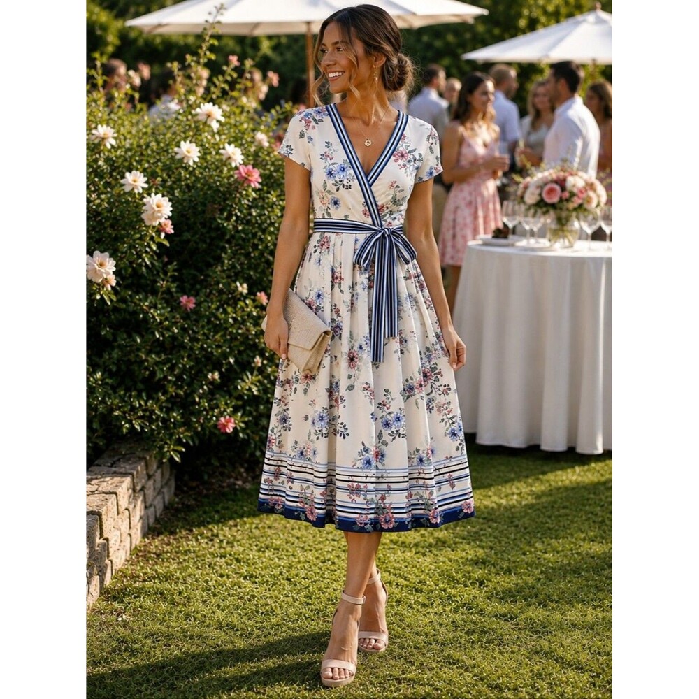 NWT Gal Meets Glam Teresa Floral & Stripe Wrap Dress Size 6 Midi